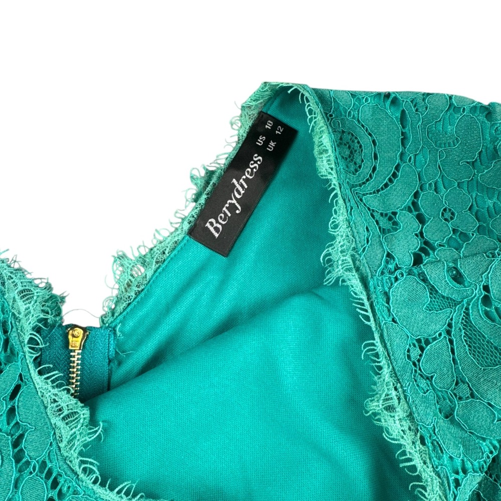 Berydress Teal Lace Midi Dress 3/4‎ Sleeve Zipper Closure Elegant Women 10 493 - Picture 4 of 4